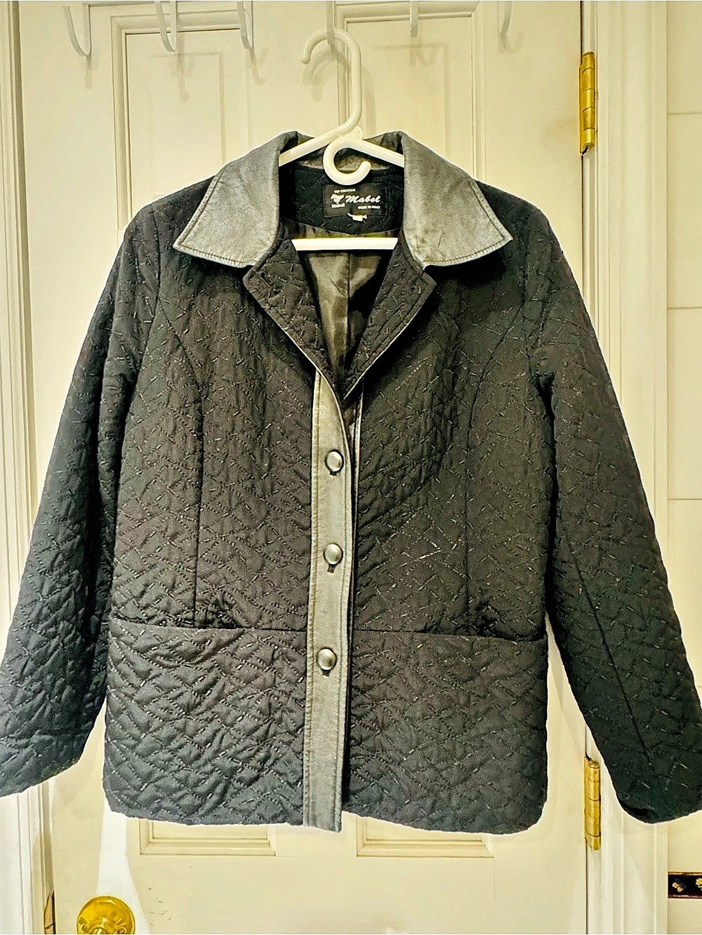 Vintage Mabel Made Italy Black Quilted Jacket Leather Trim Women’s Blazer